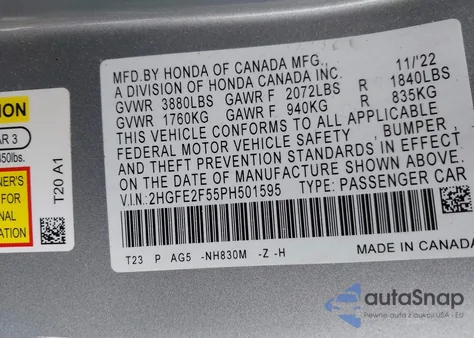 2023 Honda Civic Sport из США, поврежденный, VIN 2HGFE2F55PH501595